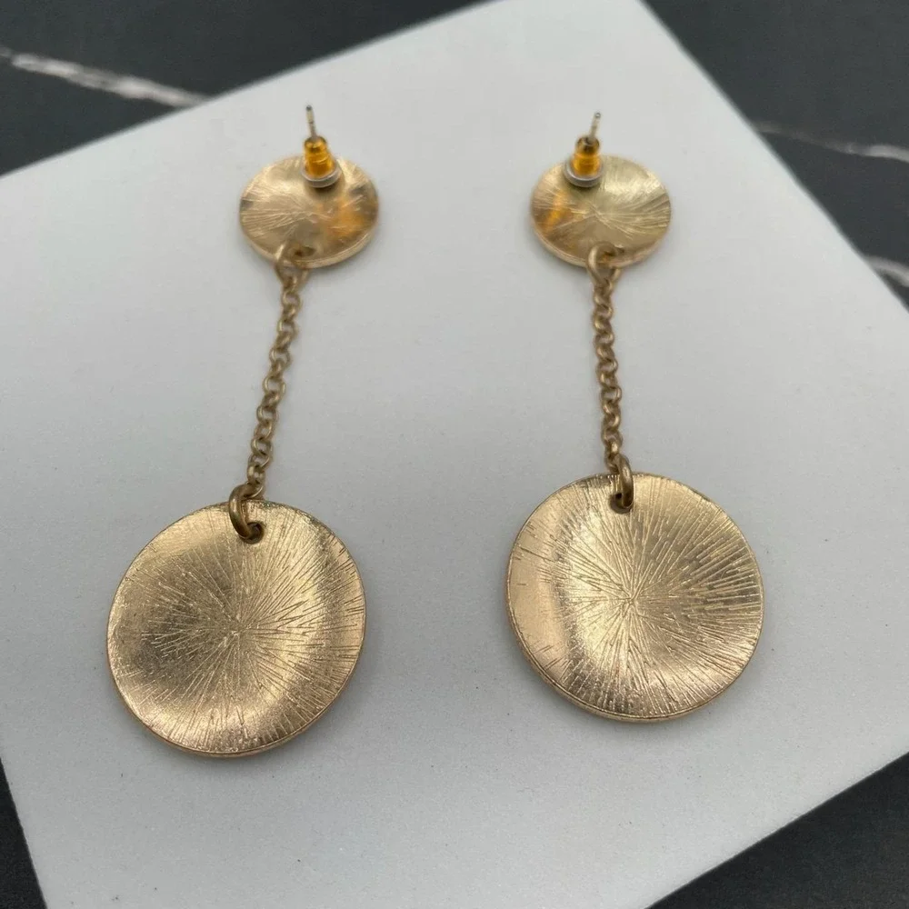 Contemporary Gold-Tone Classic Round Link Chain Double Disc Drop Dangle Earrings